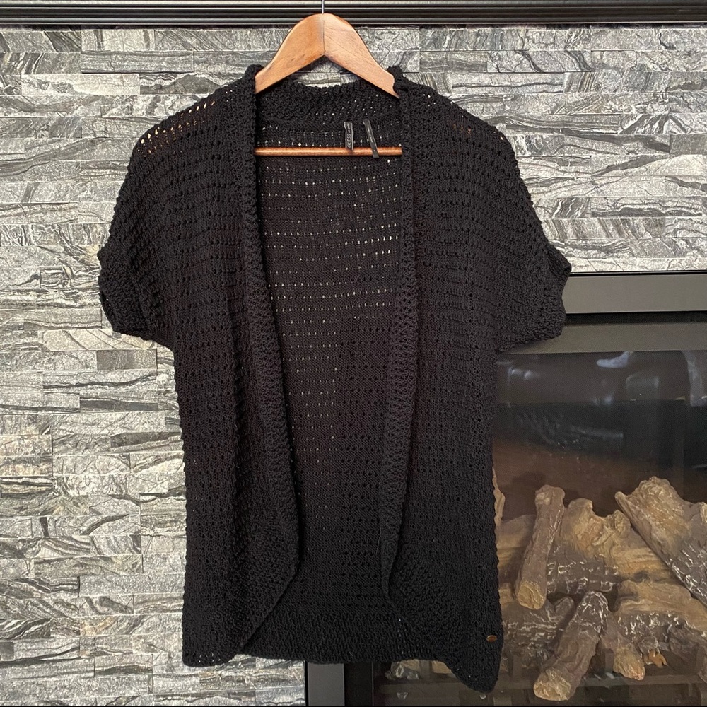 Guess Short Sleeve Open Cardigan with Curved Hemline, Black